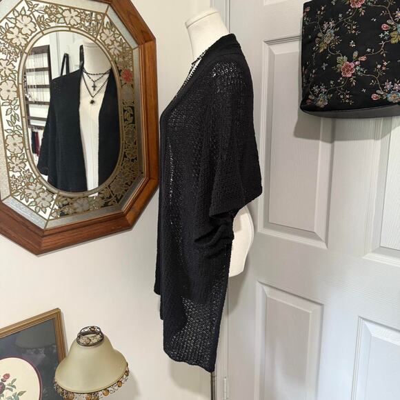 Chico's Black Open Knit Crochet Open Front Cascading Cardigan w Cropped Back - Picture 4 of 8